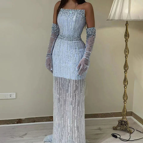 Light Blue Pearls Luxury Dubai Evening Dresses Elegant Strapless LA71950A