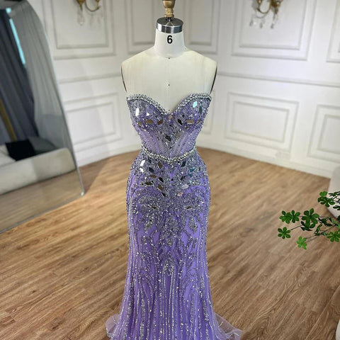 Arabic Blue Elegant Strapless Mermaid Beaded Luxury Dubai Evening Dresses Gowns 2025 for Women's Party LA72328