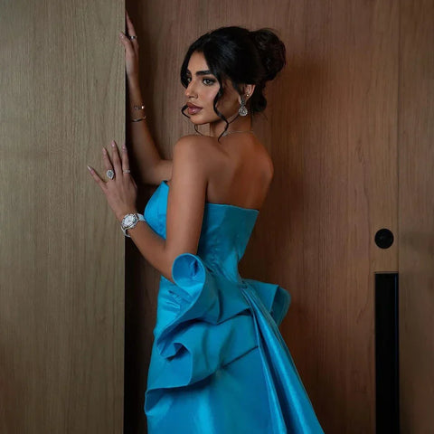 Arabic Blue Elegant Tea Length Mermaid Strapless Beaded Evening Dresses Gowns for Women Wedding Party 2025 LA72485