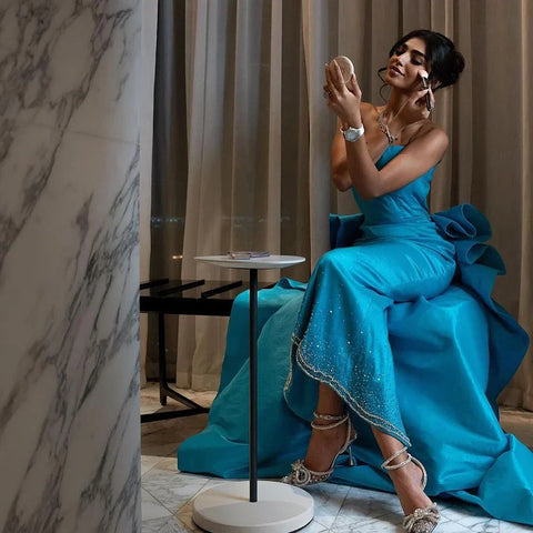 Arabic Blue Elegant Tea Length Mermaid Strapless Beaded Evening Dresses Gowns for Women Wedding Party 2025 LA72485