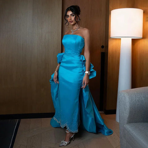 Arabic Blue Elegant Tea Length Mermaid Strapless Beaded Evening Dresses Gowns for Women Wedding Party 2025 LA72485