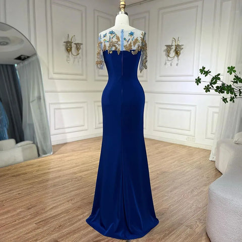 Arabic Blue Mermaid Elegant Appliques Luxury Dubai Evening Dresses Gowns 2025 For Women Wedding Party LA72554