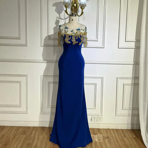 Arabic Blue Mermaid Elegant Appliques Luxury Dubai Evening Dresses Gowns 2025 For Women Wedding Party LA72554