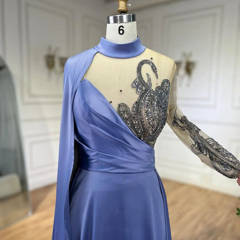 Arabic Blue A Line Elegant Cape Sleeves Beaded Satin Luxury Evening Dresses Gowns 2025 For Women Party LA72177