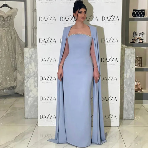 Elegant Blue Mermaid Evening Dress with Cape Sleeves LA72200