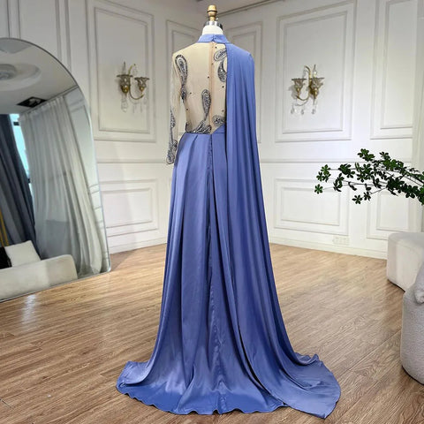 Arabic Blue A Line Elegant Cape Sleeves Beaded Satin Luxury Evening Dresses Gowns 2025 For Women Party LA72177