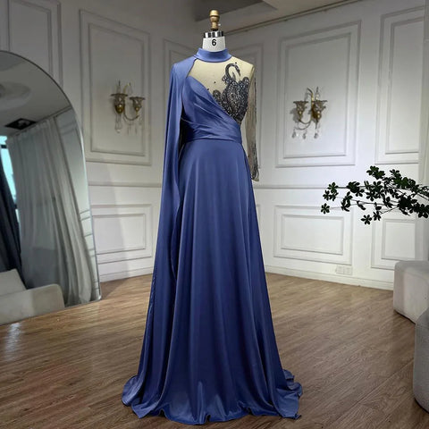 Arabic Blue A Line Elegant Cape Sleeves Beaded Satin Luxury Evening Dresses Gowns 2025 For Women Party LA72177