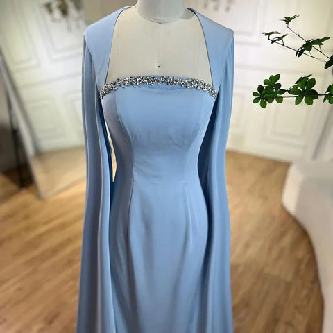 Elegant Blue Mermaid Evening Dress with Cape Sleeves LA72200