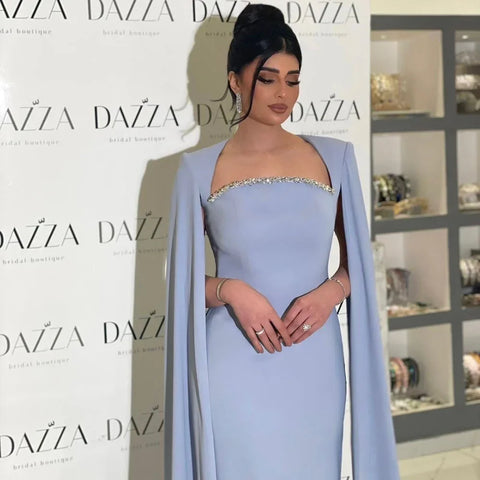 Elegant Blue Mermaid Evening Dress with Cape Sleeves LA72200