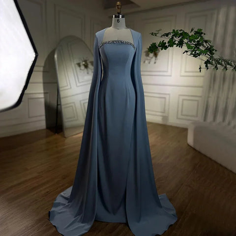 Elegant Blue Mermaid Evening Dress with Cape Sleeves LA72200