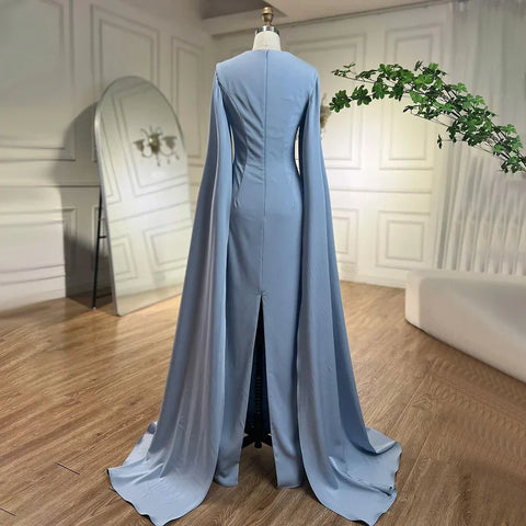 Elegant Blue Mermaid Evening Dress with Cape Sleeves LA72200