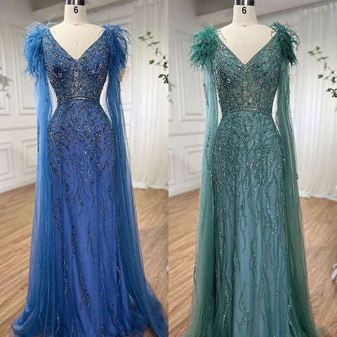 Arabic Blue Mermaid Elegant Cape Sleeves Feather Luxury Beaded Evening Dresses Gowns 2025 For Woman Party LA71780