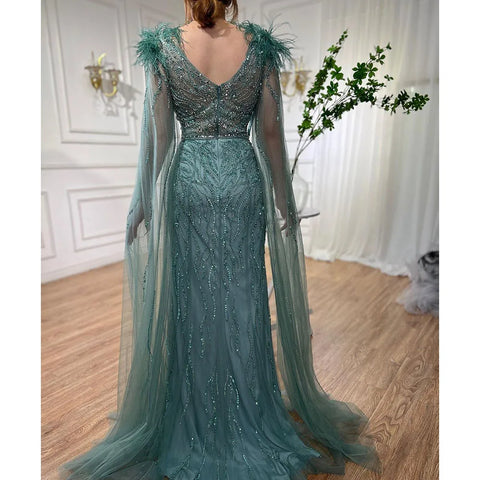 Arabic Blue Mermaid Elegant Cape Sleeves Feather Luxury Beaded Evening Dresses Gowns 2025 For Woman Party LA71780