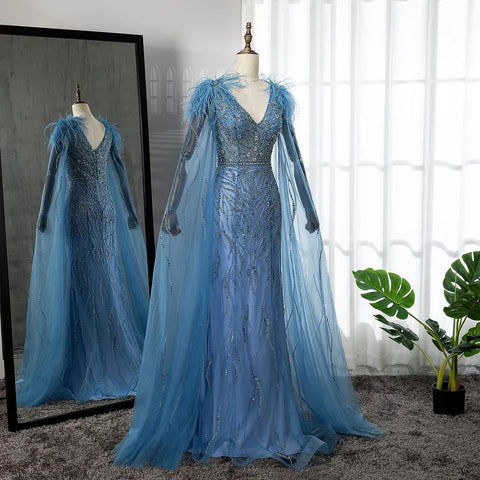 Arabic Blue Mermaid Elegant Cape Sleeves Feather Luxury Beaded Evening Dresses Gowns 2025 For Woman Party LA71780