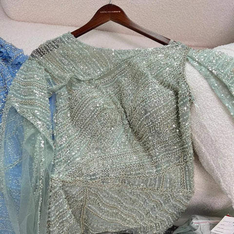 Arabic Blue Mermaid Elegant Cape Sleeves Split Beaded Evening Dresses Gowns For Women Wedding Party 2025 LA72084