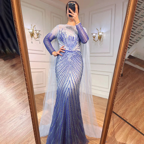 Arabic Blue Mermaid Elegant Evening Dresses Gowns Long 2025 Beaded Luxury For Women Party LA71846