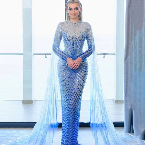 Arabic Blue Mermaid Elegant Evening Dresses Gowns Long 2025 Beaded Luxury For Women Party LA71846