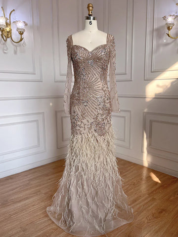 Arabic Blue Mermaid Elegant Feather Beaded Evening Dresses Gowns For Women Party 2025 LA71818