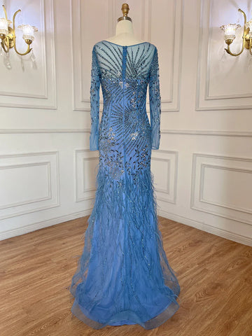 Arabic Blue Mermaid Elegant Feather Beaded Evening Dresses Gowns For Women Party 2025 LA71818