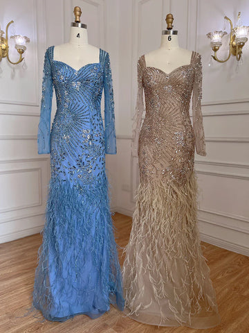 Arabic Blue Mermaid Elegant Feather Beaded Evening Dresses Gowns For Women Party 2025 LA71818