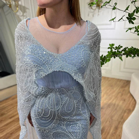 Arabic Blue Mermaid Elegant Long Cape Cloak Luxury Beaded Evening Dresses For Women Wedding Party 2025 LA72235