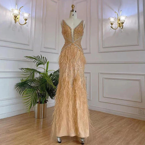 Arabic Blue Mermaid Elegant With Cape Luxury Beaded Feather Dubai Evening Dresses Gowns for Women Party LA71583B