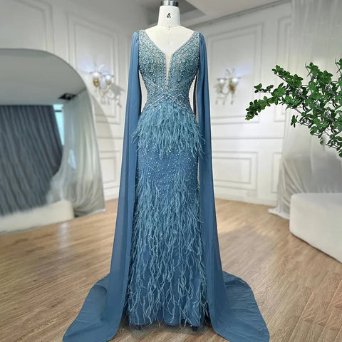Arabic Blue Mermaid Elegant With Cape Luxury Beaded Feather Dubai Evening Dresses Gowns for Women Party LA71583B