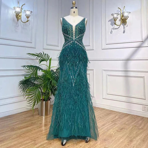 Arabic Blue Mermaid Elegant With Cape Luxury Beaded Feather Dubai Evening Dresses Gowns for Women Party LA71583B