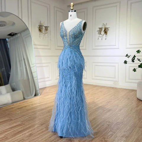 Arabic Blue Mermaid Elegant With Cape Luxury Beaded Feather Dubai Evening Dresses Gowns for Women Party LA71583B