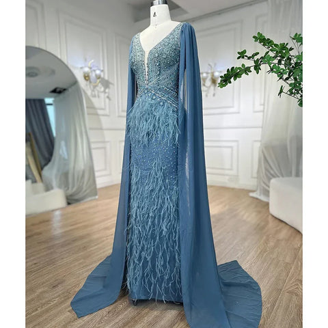 Arabic Blue Mermaid Elegant With Cape Luxury Beaded Feather Dubai Evening Dresses Gowns for Women Party LA71583B