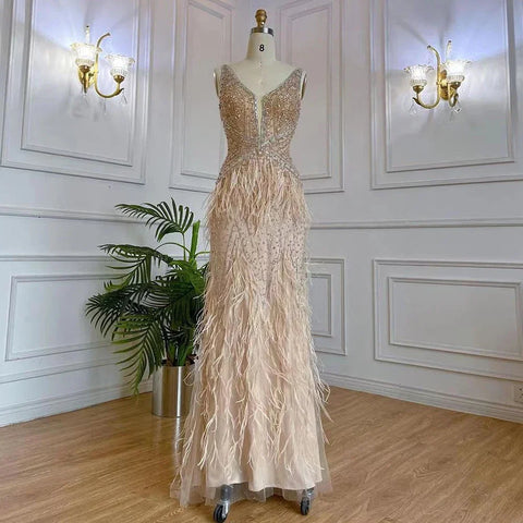 Arabic Blue Mermaid Elegant With Cape Luxury Beaded Feather Dubai Evening Dresses Gowns for Women Party LA71583B