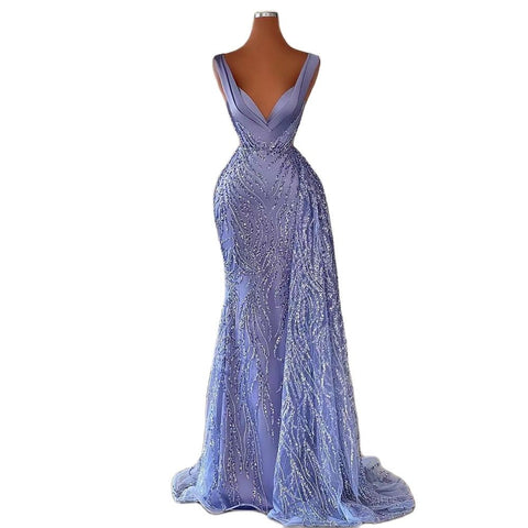 Arabic Blue Mermaid Elegant With Skirt Sexy Deep V-Neck Evening Dresses Gowns Beaded 2025 For Women Party LA71751