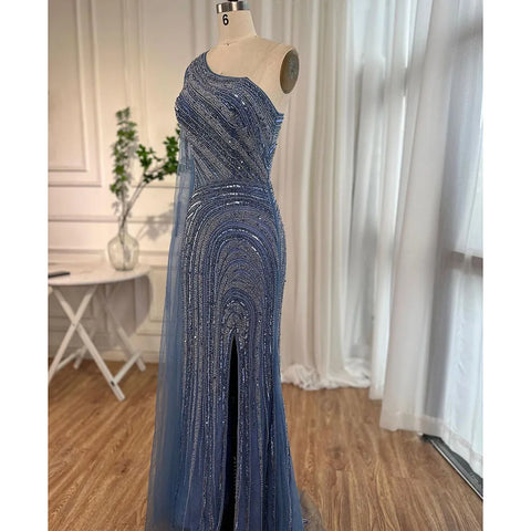 Arabic Blue Mermaid Sexy High Split Cape Sleeve Beaded Evening Dresses Gowns 2025 For Women Wedding Party LA71933