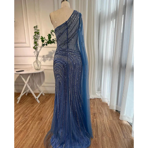 Arabic Blue Mermaid Sexy High Split Cape Sleeve Beaded Evening Dresses Gowns 2025 For Women Wedding Party LA71933