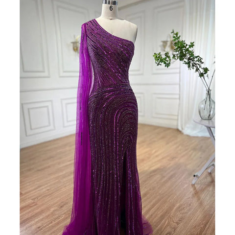 Arabic Blue Mermaid Sexy High Split Cape Sleeve Beaded Evening Dresses Gowns 2025 For Women Wedding Party LA71933