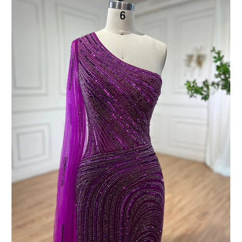 Arabic Blue Mermaid Sexy High Split Cape Sleeve Beaded Evening Dresses Gowns 2025 For Women Wedding Party LA71933