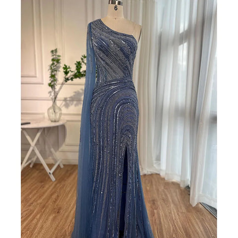 Arabic Blue Mermaid Sexy High Split Cape Sleeve Beaded Evening Dresses Gowns 2025 For Women Wedding Party LA71933