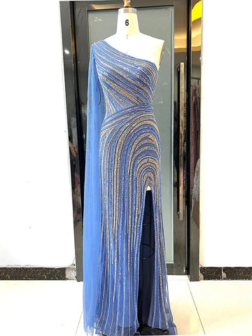 Arabic Blue Mermaid Sexy High Split Cape Sleeve Beaded Evening Dresses Gowns 2025 For Women Wedding Party LA71933