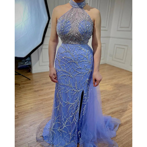 Arabic Blue Mermaid Sleeveless Sexy High Split Beaded Evening Dresses Gowns For Women Wedding Party 2025 LA71980