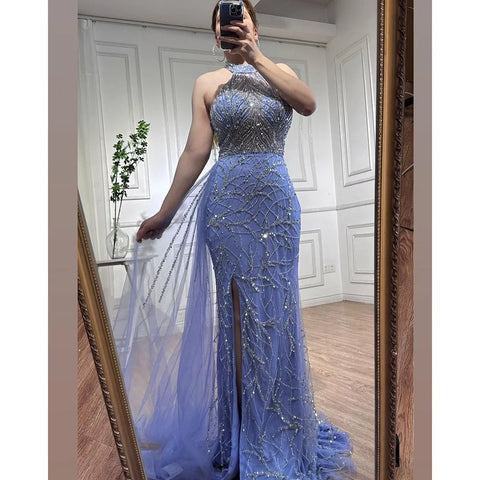 Arabic Blue Mermaid Sleeveless Sexy High Split Beaded Evening Dresses Gowns For Women Wedding Party 2025 LA71980