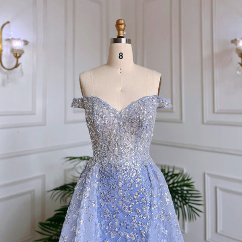 Arabic Blue Mermaid With Overskirt Sexy Boat Neck Beaded Evening Dresses Gowns For Woman Wedding Party 2025 LA71796A