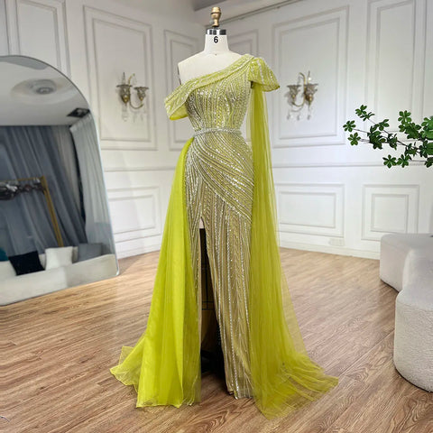 Arabic Blue One-Shoulder Yellow High-Split Mermaid Beaded Evening Gown for Women | Wedding Party 2025 LA72596