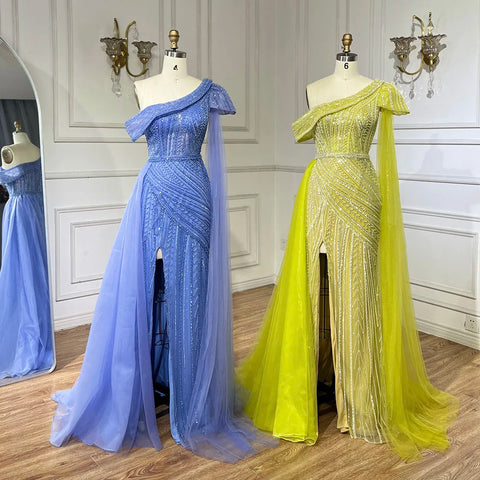 Arabic Blue One-Shoulder Yellow High-Split Mermaid Beaded Evening Gown for Women | Wedding Party 2025 LA72596