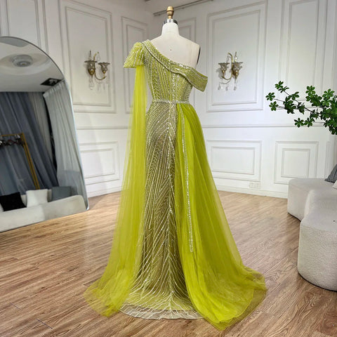 Arabic Blue One-Shoulder Yellow High-Split Mermaid Beaded Evening Gown for Women | Wedding Party 2025 LA72596