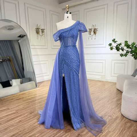 Arabic Blue One-Shoulder Yellow High-Split Mermaid Beaded Evening Gown for Women | Wedding Party 2025 LA72596