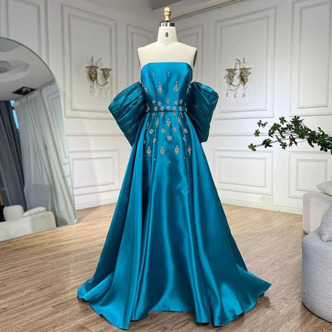 Arabic Blue Satin Mermaid Strapless Puff Sleeves Beaded Evening Dresses Gowns for Women Wedding Party 2025 LA72405