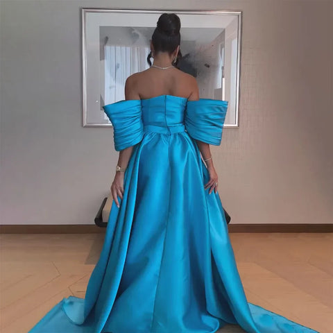 Arabic Blue Satin Mermaid Strapless Puff Sleeves Beaded Evening Dresses Gowns for Women Wedding Party 2025 LA72405