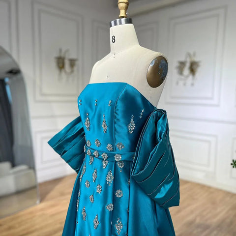 Arabic Blue Satin Mermaid Strapless Puff Sleeves Beaded Evening Dresses Gowns for Women Wedding Party 2025 LA72405