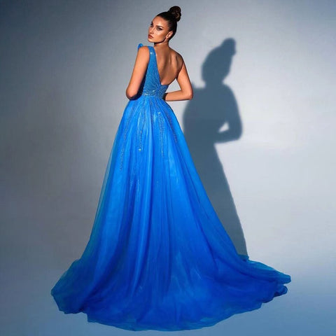 Vestidos de noche de lujo con cuentas, estilo árabe, azules, sin tirantes, con abertura alta, de Dubái, para mujer, para bodas y fiestas 2025 LA71921 