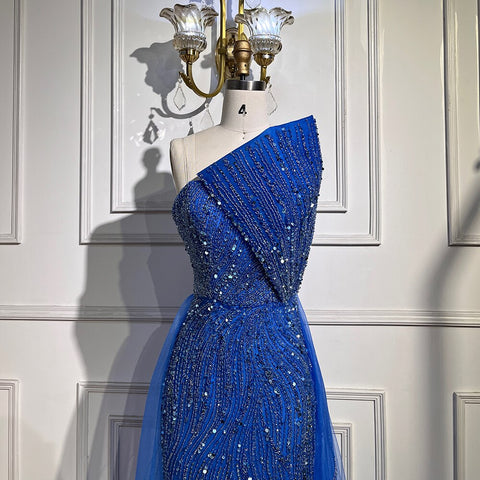 Vestidos de noche de lujo con cuentas, estilo árabe, azules, sin tirantes, con abertura alta, de Dubái, para mujer, para bodas y fiestas 2025 LA71921 